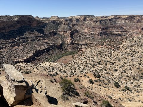 Looking down into the canyon from a rocky ledge, sagebrush flats and eroded benches below and mesa tops on the horizon.