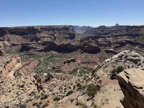 The canyon from above, dirt tracks visible on the benches below, a slab of pale rock jutting in from the right edge.