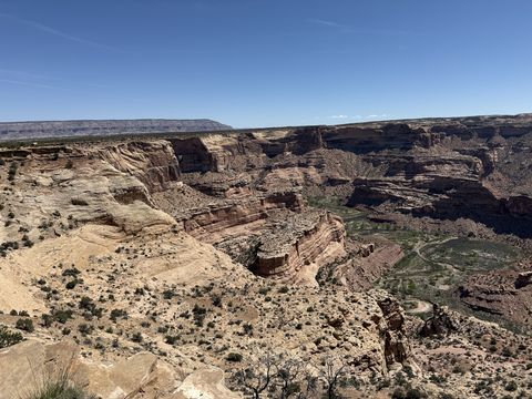 A cross-bedded white sandstone wall on the near side of the canyon, with red cliffs and a distant flat-topped mesa beyond.