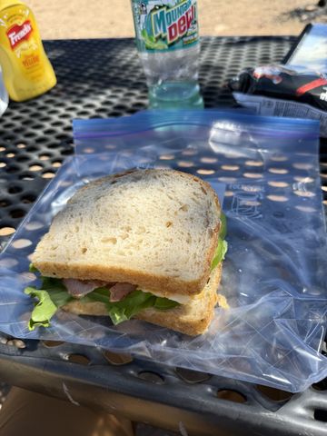 A ham and lettuce sandwich on white bread sitting on an unzipped plastic bag on a metal picnic table, with mustard and a soda bottle behind it.