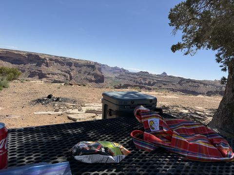 A picnic table set with a plaid cloth, a bag of chips and a soda can, a cooler behind it and the canyon rim beyond.
