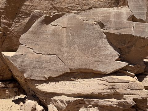 A broad slab of rock crowded with pecked petroglyphs, including animal and human-like figures, wedged among sandstone blocks.