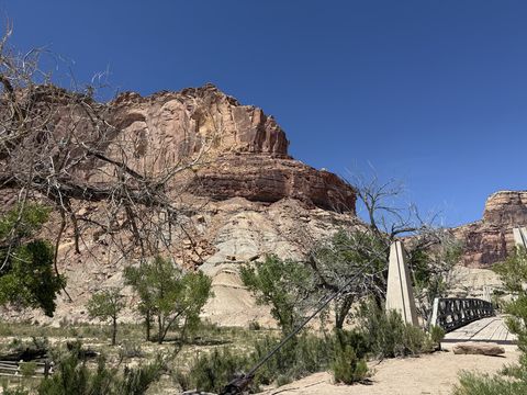 A tall red and white banded cliff above a stand of cottonwoods, with the end of the bridge and its cable anchor at the right.