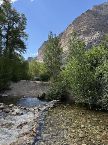 A clear creek over a gravel bed in the foreground, with cottonwoods along the bank and a tall striped canyon wall rising behind.