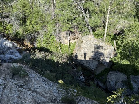 Looking down from a rock ledge at a creek and a house-sized boulder below, surrounded by conifers and aspen in morning light.