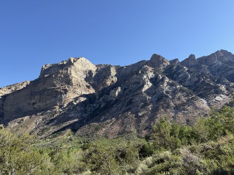 A long band of broken tan cliffs along a ridgetop, lit by early sun against a cloudless blue sky, with brush in the foreground.