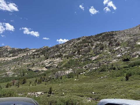 A wide slab-rock hillside speckled with pines above a grassy basin, photographed over the hoods of two parked cars.