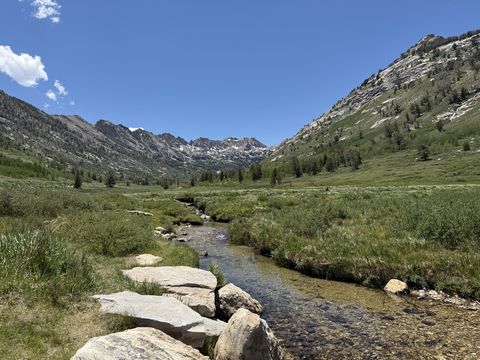 A small clear stream winding through a green meadow past flat stepping stones, with snow-patched peaks at the head of the valley.