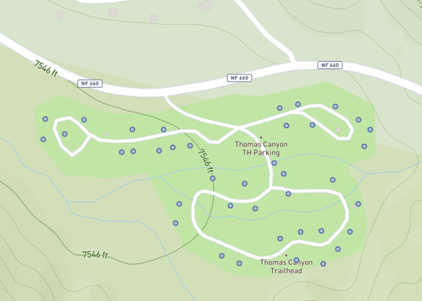 Topographic map of Thomas Canyon Campground, its loop roads dotted with numbered campsites, with the Thomas
      Canyon trailhead and its parking area marked to the south.