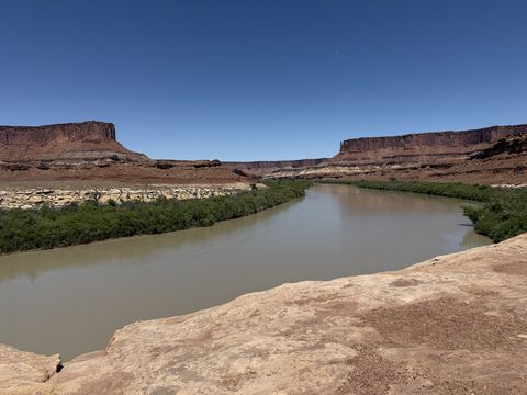 The Green River flowing wide and muddy between willow-lined banks, red mesas rising on both sides.