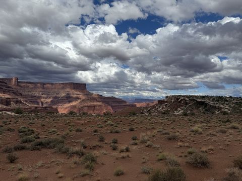 Layered cliffs and a low dark ridge across a sagebrush flat, a towering bank of cloud overhead.