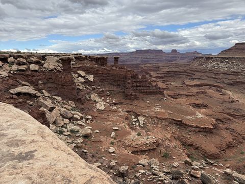 A rubble-strewn rim of pale rock above a red canyon, with buttes strung along the far horizon.