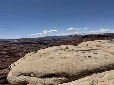 A broad dome of pale slickrock at the rim, with the desert and a distant butte stretching away beyond it.