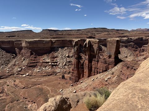 Squat fluted towers standing in a side canyon below the rim, with a long mesa wall behind.