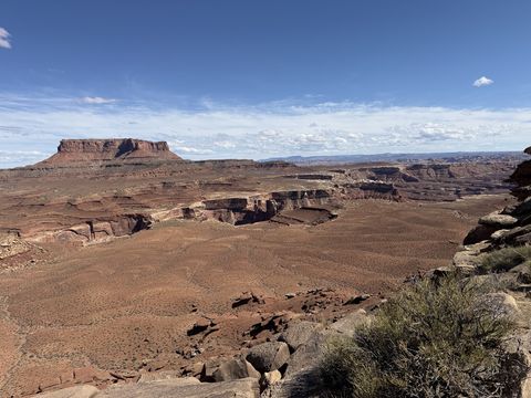 A wide basin of eroded red benches with a prominent flat-topped butte at the left, canyons cutting through the middle distance.