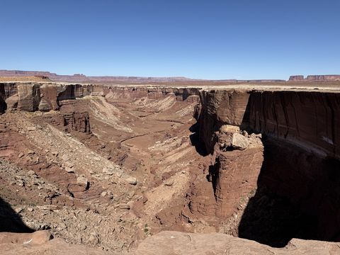A deep side canyon cut into the White Rim, its sheer walls and rubble floor in shadow, mesas beyond.