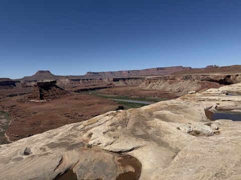 The Green River winding through the canyon bottom, seen across sculpted white slickrock from the rim.